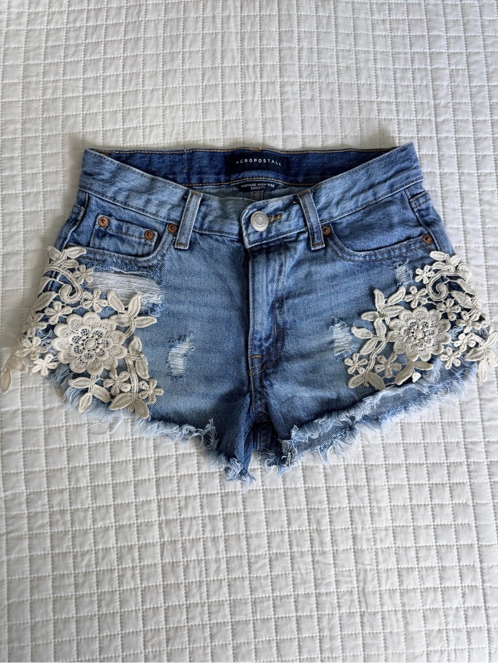 Aeropostale Blue Denim Shorts with Cream Lace Appliqué